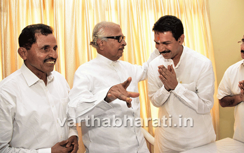 Dakshina Kannada MP Nalin Kumar Kateel meets Congress leader Janardhan Poojary