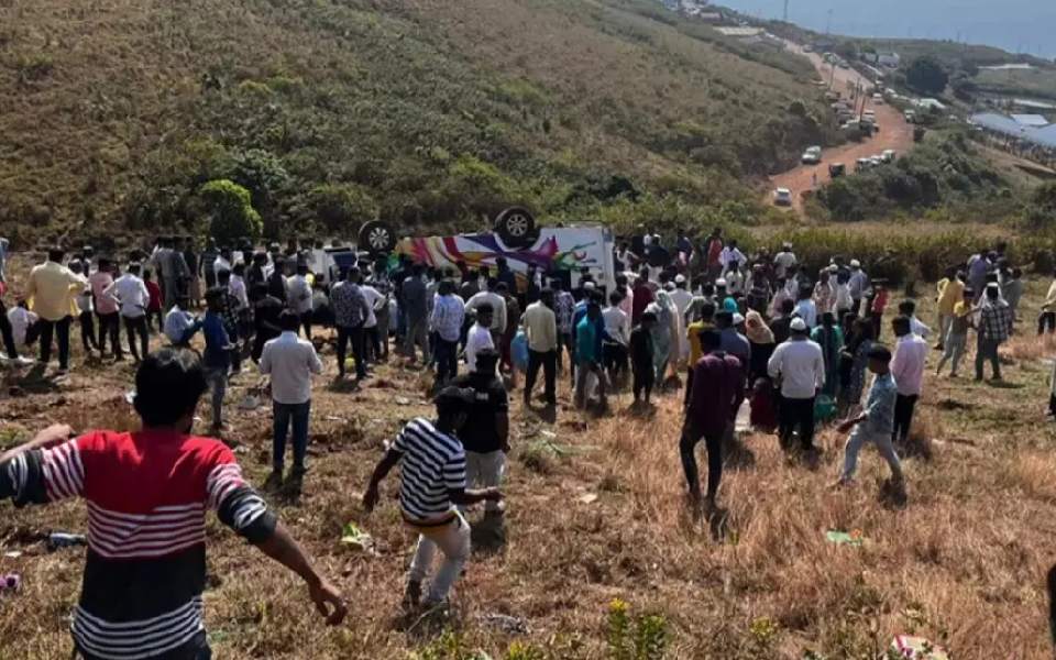 Bus overturns in Baba Budangiri: One dead, 30 of a family injured