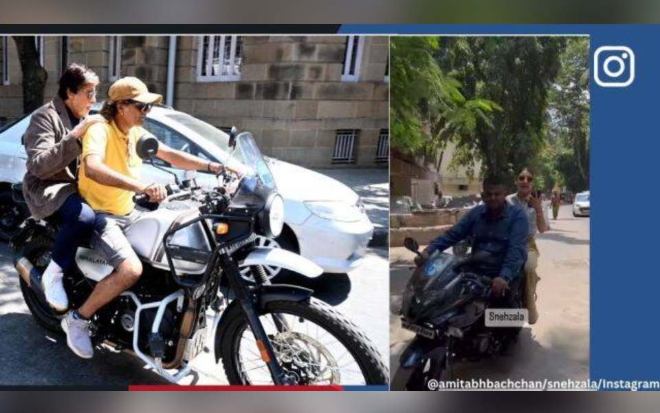 Amitabh Bachchan, Anushka Sharma take lift on motorbikes