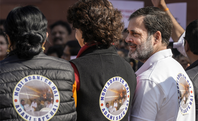 INDIA bloc MPs protest over Adani issue in Parliament, wear jackets reading 'Modi Adani Ek Hai'