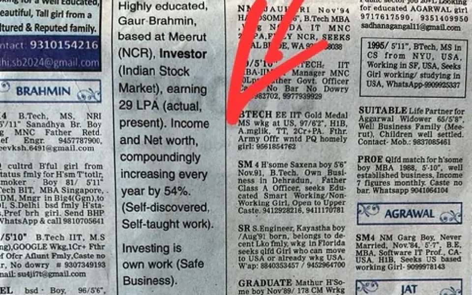 Investor claims Rs 29 LPA income compounding at 54% in matrimonial ad, offers PPT on safe investing