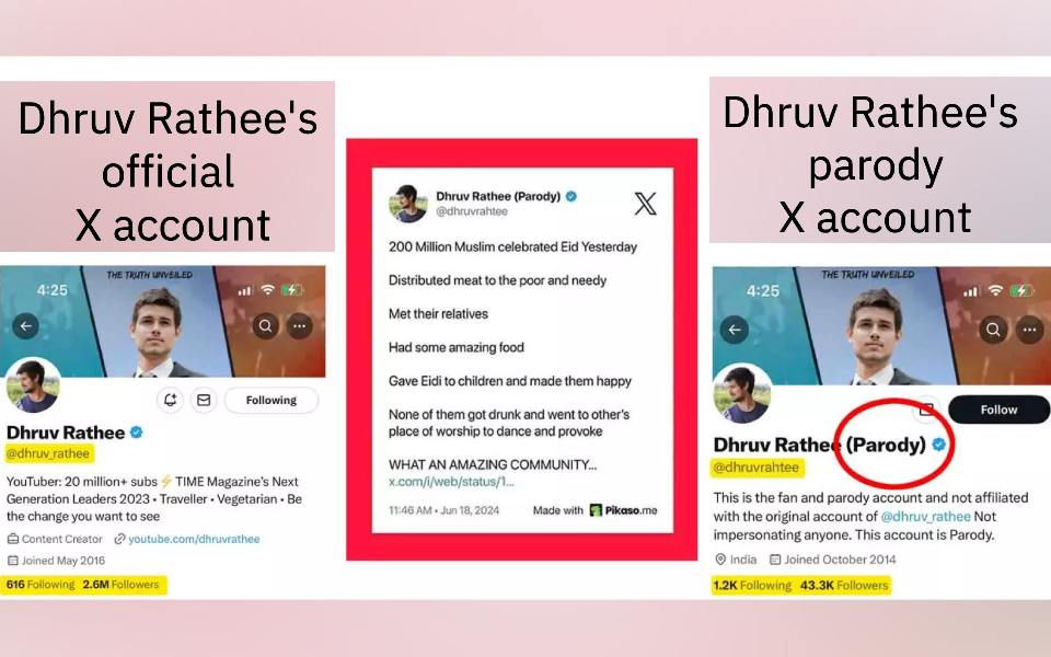 Dhruv Rathee didn’t post any tweet regarding Eid; Viral tweet is from parody account
