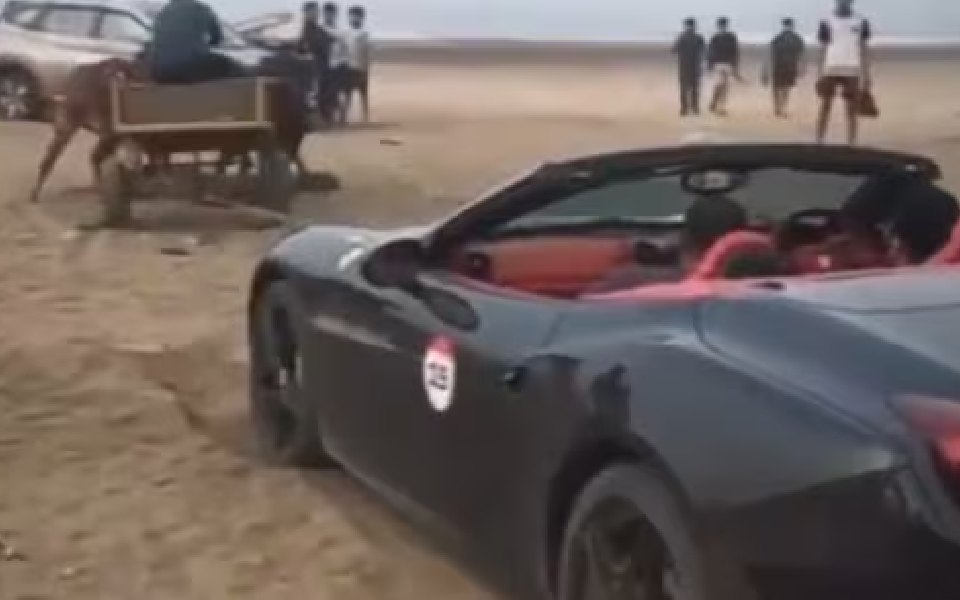 Ferrari gets stuck on Raigad’s Revdanda beach, rescued by bullock cart