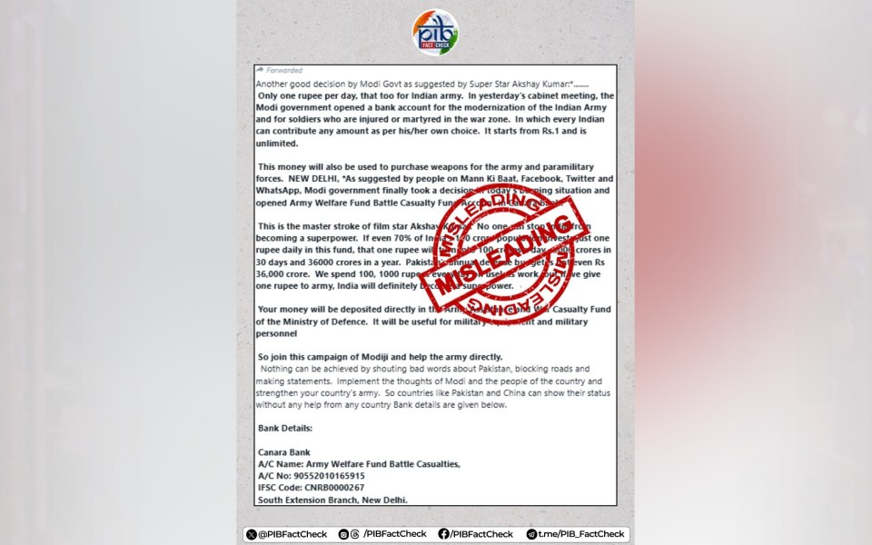 Misleading message circulating on WhatsApp related to donation for Army's modernisation: Govt