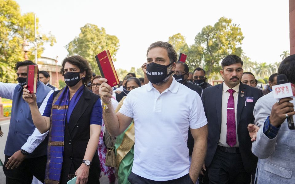 Wearing black masks, opposition MPs hold protest march in Parliament over Adani issue