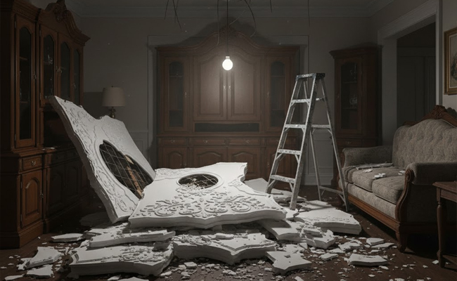 Man killed in flat ceiling plaster crash, wife and son hurt