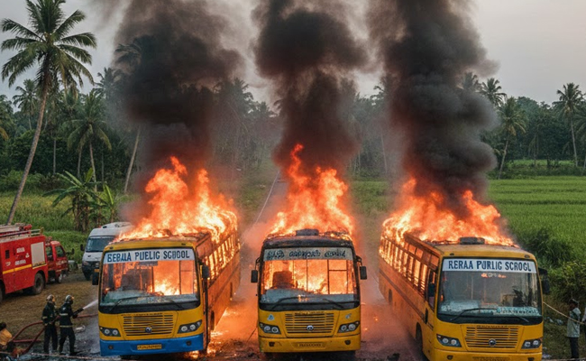 Fire destroys parked school buses in Thiruvananthapuram, sabotage suspected