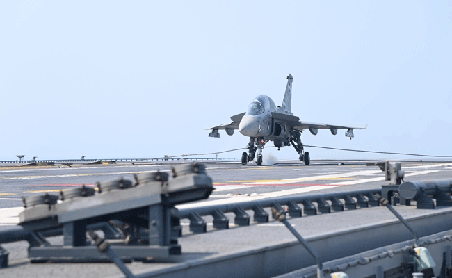 Naval pilots carry out landing of LCA onboard aircraft carrier INS Vikrant