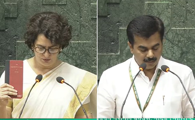 Congress leaders Priyanka Gandhi Vadra and Ravindra Vasantrao Chavan take oath as Lok Sabha MPs