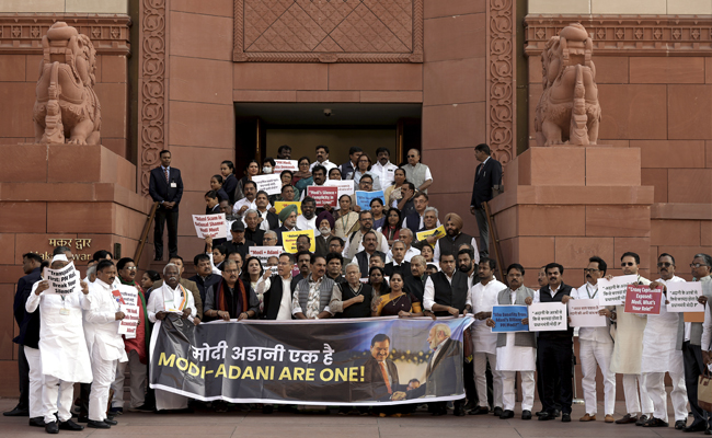 INDIA bloc MPs hold protest in Parliament complex over Adani issue, demand JPC probe