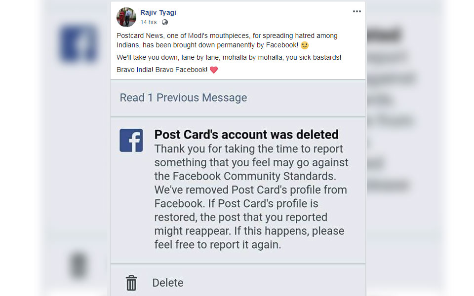 Facebook removes official page of postcard.news  