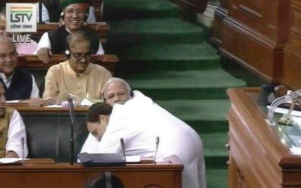 Rahul hugs Modi and says this is Congress