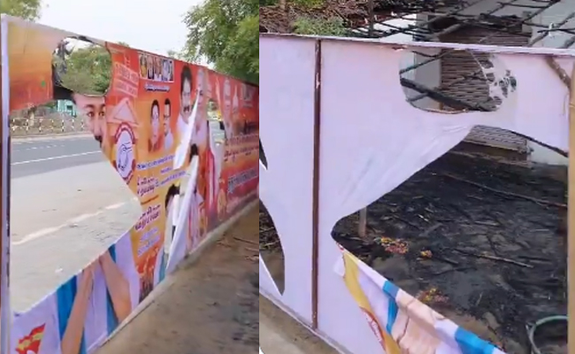 Unidentified men set fire to TVK campaign office near Srirangam