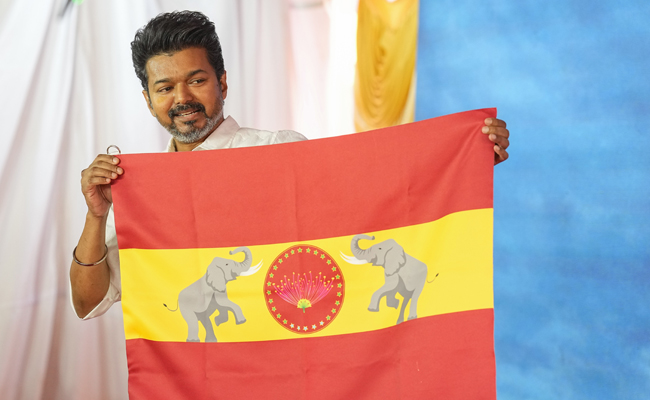 Actor Vijay unveils Tamilaga Vettri Kazhagam Party flag in Chennai