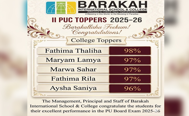 Barakah PU students register excellent performance in Second PUC examinations