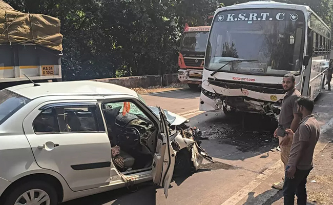 Karnataka: Three killed, one injured in car-bus collision