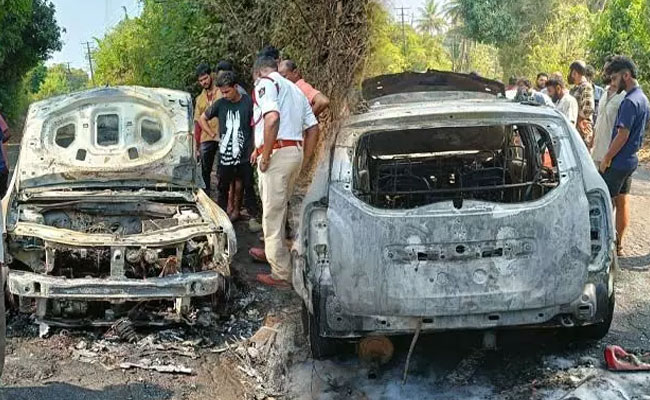 Duster car catches fire in Kudkoli, completely destroyed