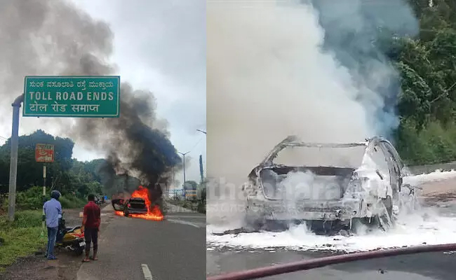 Car gutted in fire accident on NH 66 near Surathkal