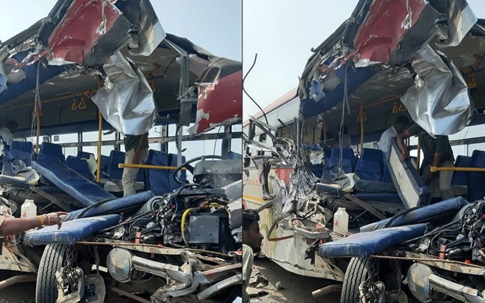 Horrific collision between KSRTC bus, truck injures more than 13 people in Kalaburagi