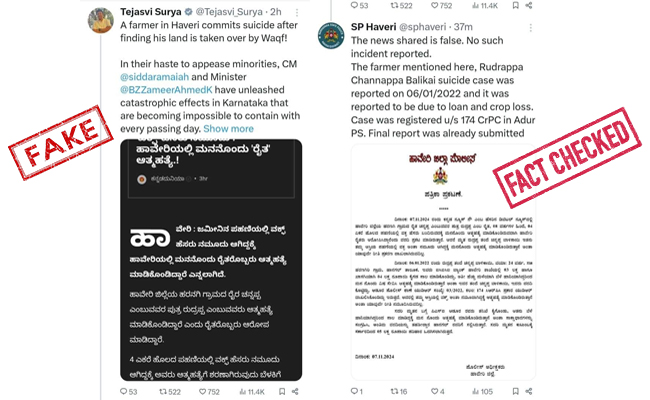 Case filed against MP Tejasvi Surya for allegedly sharing fake news about farmer's suicide