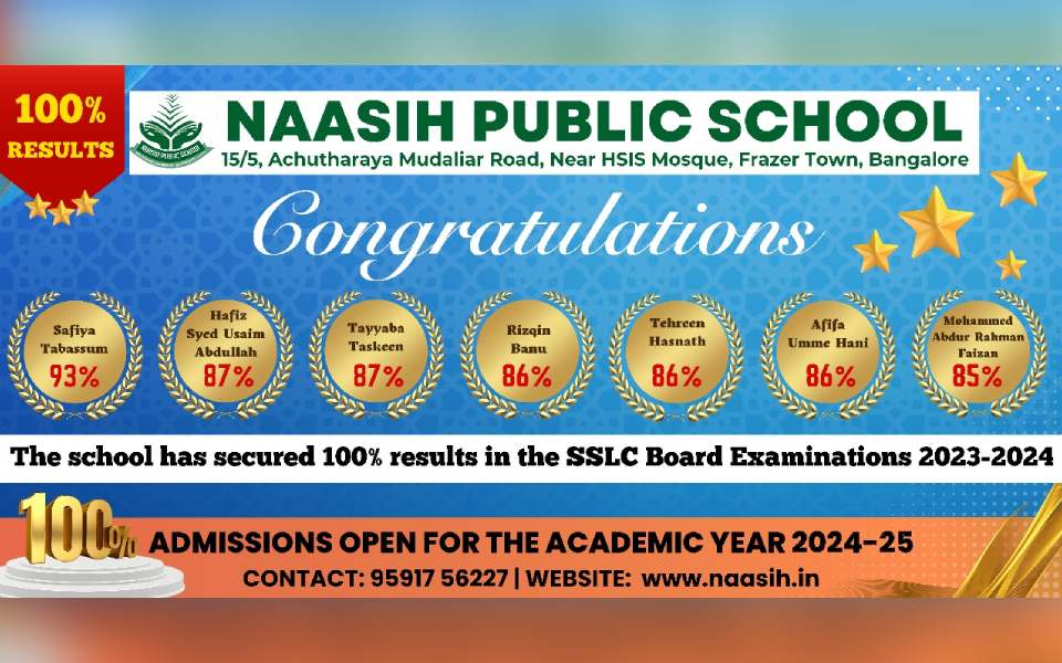 Bengaluru: Naasih Public School secures 100% result in SSLC examination