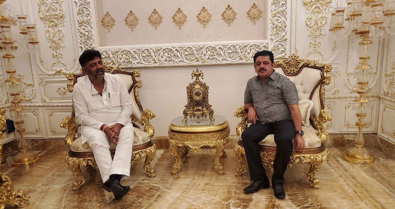 DK Shivakumar visits MLA Zameer Ahmed Khan at his house after ED raids