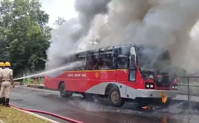 KSRTC bus catches fire in Shivamogga; Passengers escape unharmed