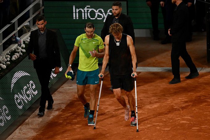 Rafael Nadal back in French Open final after injured Zverev stops