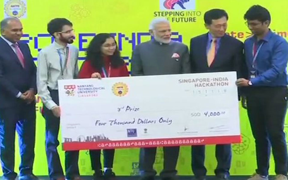 PM Modi gives awards to winning teams of first India-Singapore Hackathon